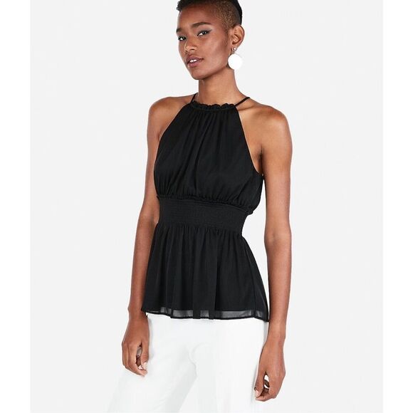 NWT Womens Express High Neck Smocked Black Peplum Tank Top Blouse - Sz M - Picture 1 of 2